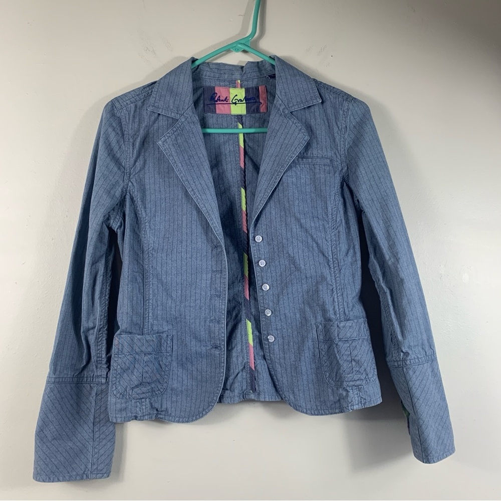 Robert Graham Women’s SZ 2 Blue pin stripe Flip Cuff Waist Blazer/Jacket